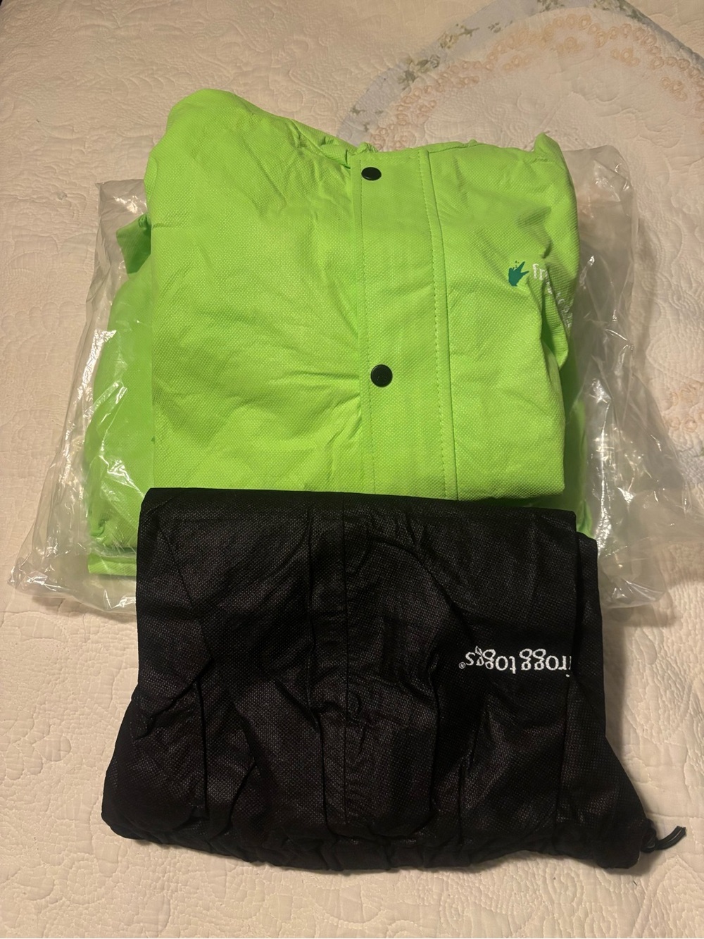 Bright Lime Green Rain Jacket with Black Packable Bag
